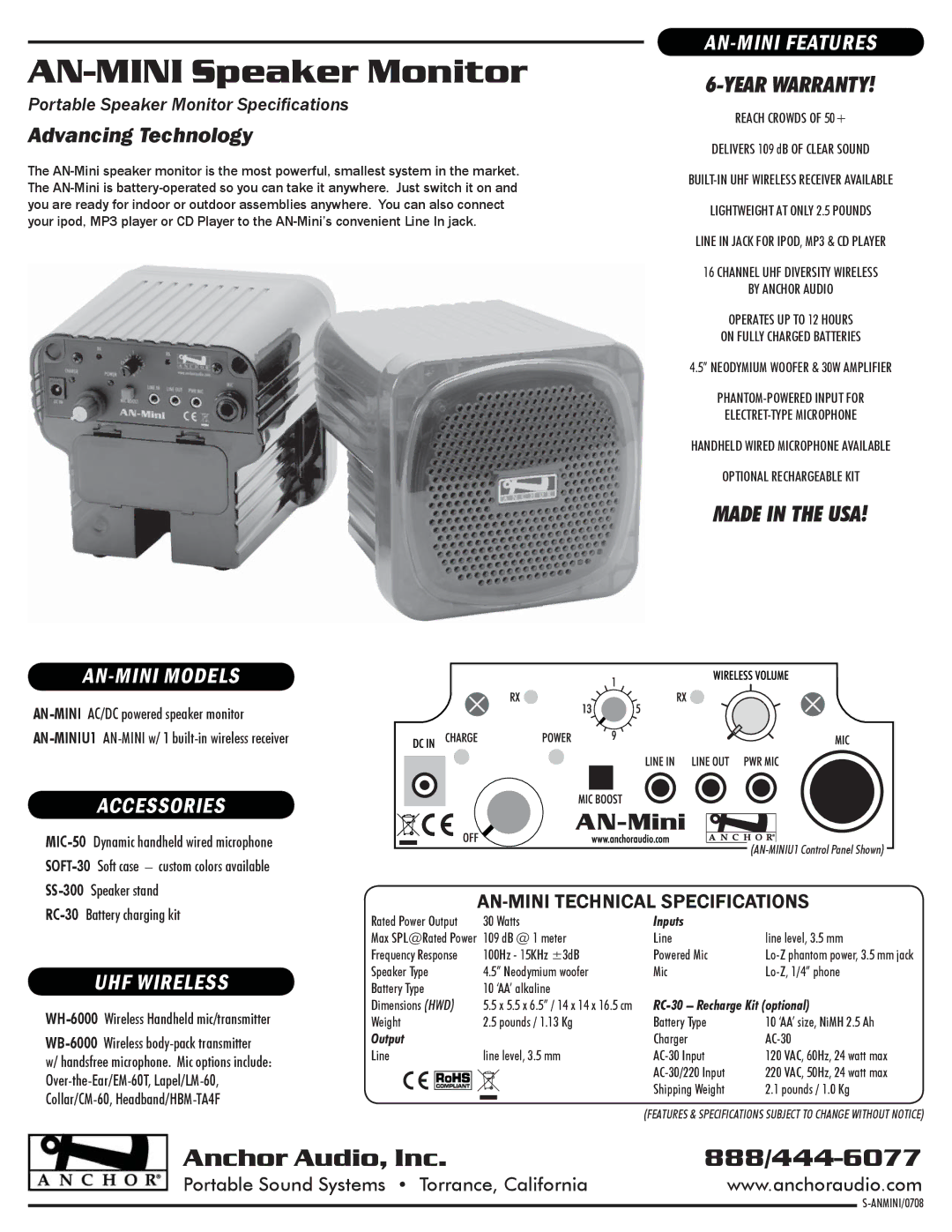 Anchor Audio AN-Mini warranty AN-MINI Speaker Monitor, Advancing Technology, Made in the USA 