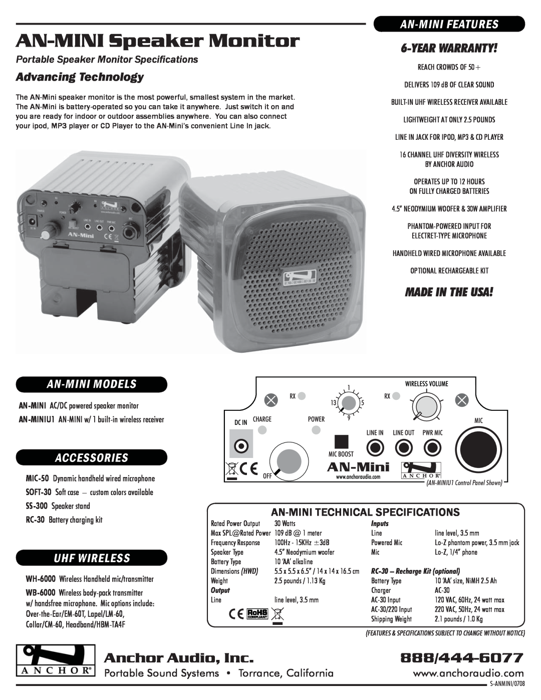 Anchor Audio AN-Mini warranty AN-MINISpeaker Monitor, Anchor Audio, Inc, 888/444-6077, An-Minifeatures, An-Minimodels 