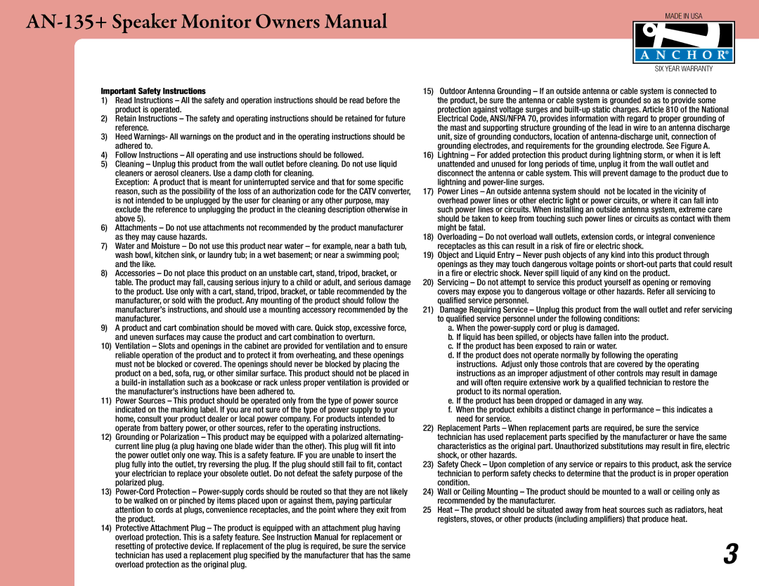 Anchor Audio AN135BK owner manual Important Safety Instructions, Recommended by the manufacturer 