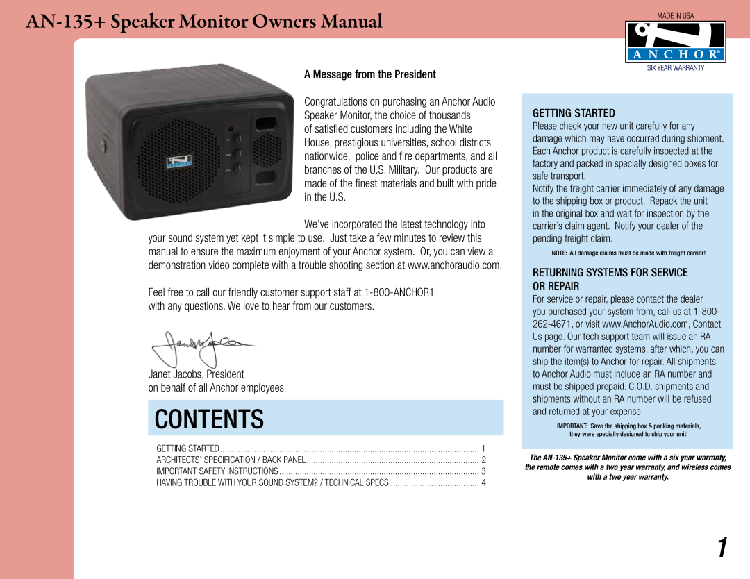 Anchor Audio AN135BK owner manual Contents, A Message from the President, Janet Jacobs, President, Getting Started 