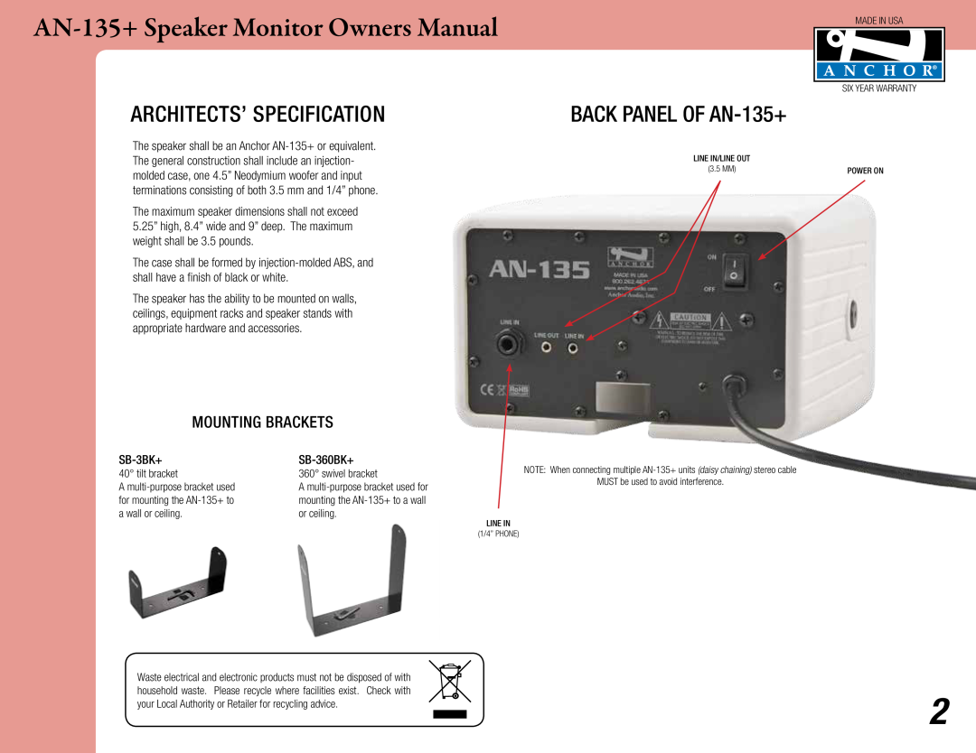 Anchor Audio AN135BK owner manual Mounting Brackets, Architects’ Specification, BACK PANEL OF AN-135+ 
