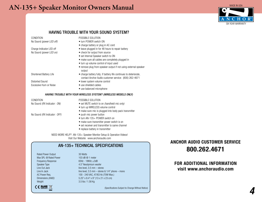 Anchor Audio AN135BK owner manual Having Trouble With Your Sound System?, AN-135+TECHNICAL SPECIFICATIONS, 800.262.4671 