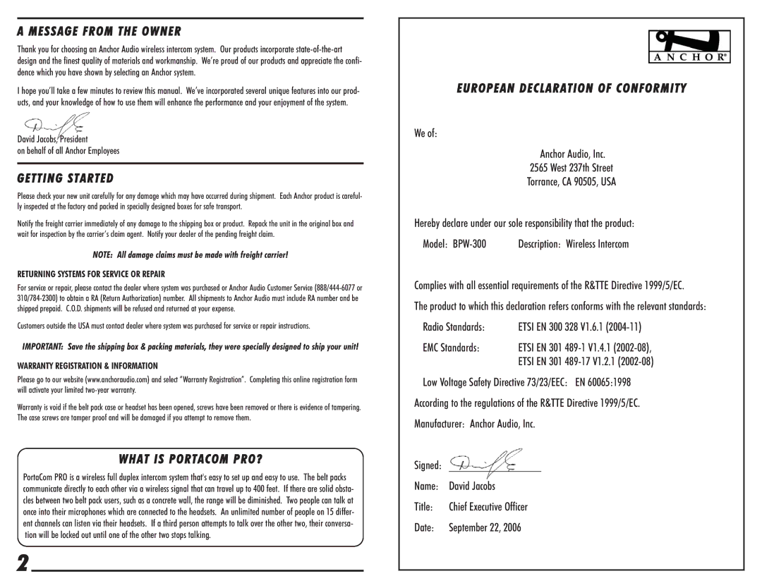 Anchor Audio BPW-300 Message from the Owner, Getting Started, What is Portacom PRO?, European Declaration of Conformity 