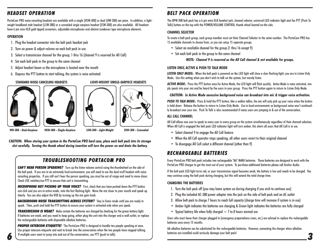 Anchor Audio BPW-300 Headset Operation, Troubleshooting Portacom PRO, Belt Pack Operation, Rechargeable Batteries 