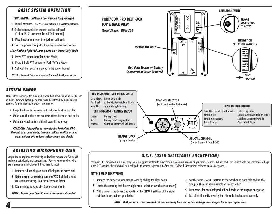 Anchor Audio BPW-300 Basic System Operation, System Range, Adjusting Microphone Gain, E. User Selectable Encryption 