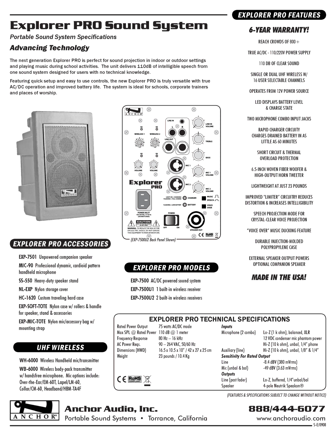 Anchor Audio EXP-7500U1, EXP-7500U2 warranty Year Warranty, Made in the USA 