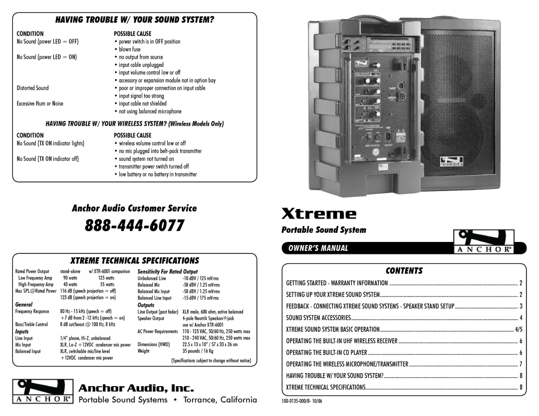 Anchor Audio XTR-6000CU2 owner manual Having Trouble W/ Your Sound SYSTEM?, Xtreme Technical Specifications, Contents 