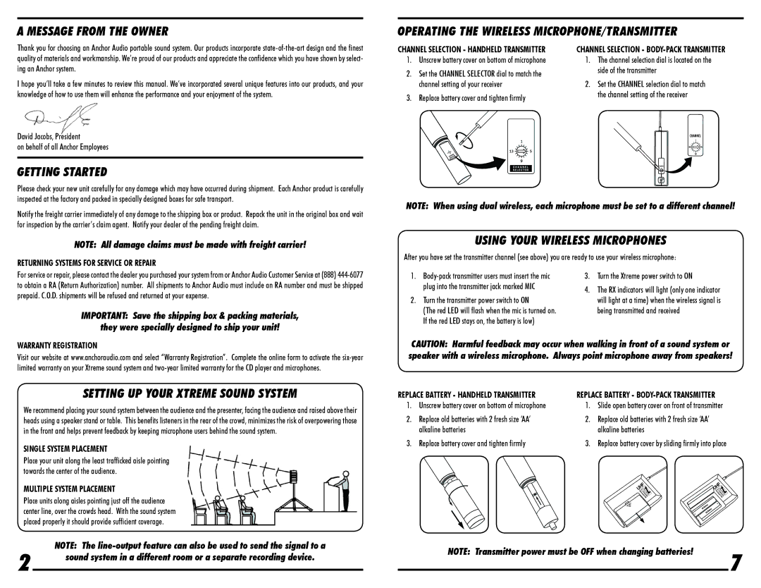 Anchor Audio XTR-6000CU2 owner manual Getting Started, Setting UP Your Xtreme Sound System, Using Your Wireless Microphones 