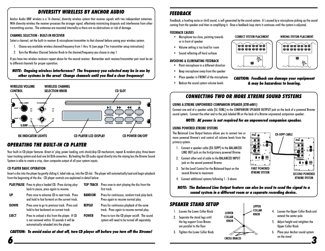 Anchor Audio XTR-6000CU2 owner manual Diversity Wireless by Anchor Audio, Feedback, Operating the BUILT-IN CD Player 