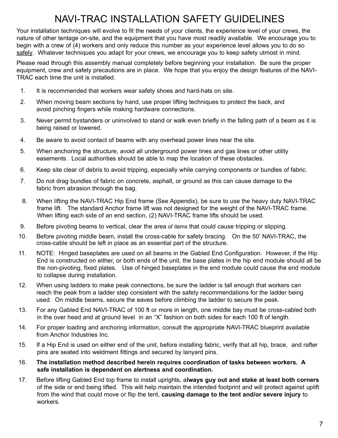 Anchor Hocking Glass NAV40GBL-1104 installation instructions NAVI-TRAC Installation Safety Guidelines 