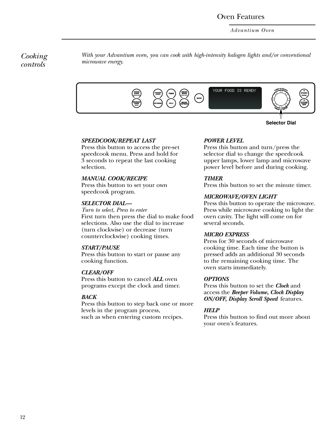 Anchor Hocking Glass ZSC2001, ZSC2000 owner manual Cooking controls, Turn to select, Press to enter 