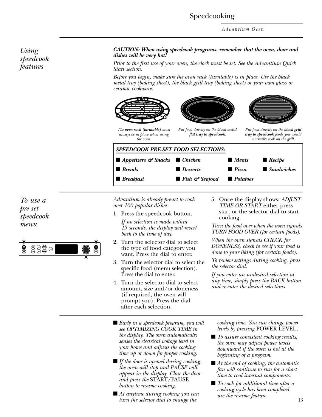 Anchor Hocking Glass ZSC2000, ZSC2001 owner manual Speedcooking, To use a pre-set speedcook menu 