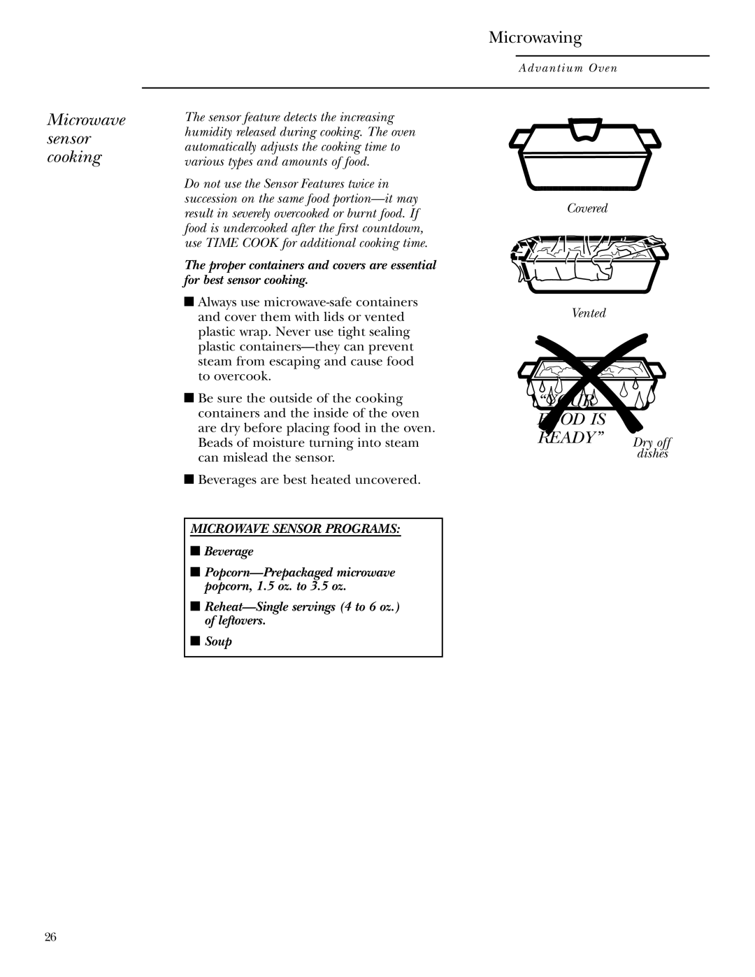 Anchor Hocking Glass ZSC2001, ZSC2000 owner manual Microwave sensor cooking, Food is Ready Dry off, Covered Vented, Dishes 