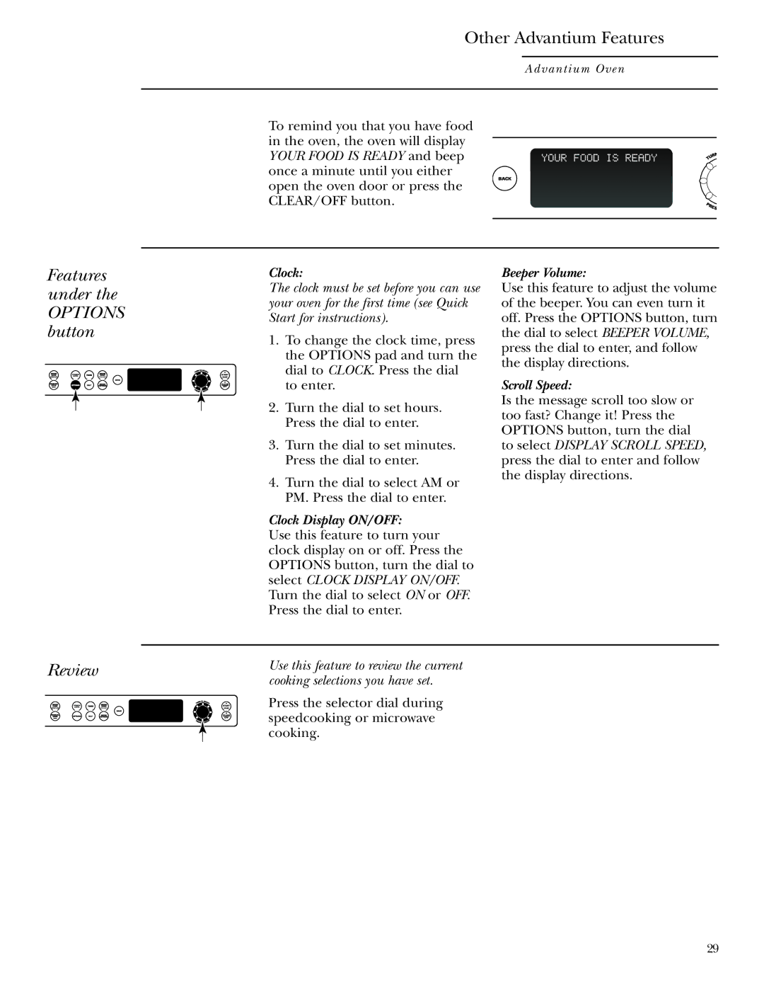 Anchor Hocking Glass ZSC2000, ZSC2001 owner manual Other Advantium Features, Features under Options button, Review 