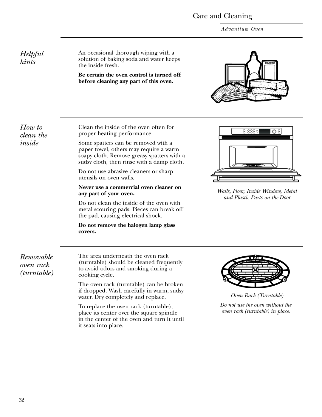 Anchor Hocking Glass ZSC2001 Helpful hints, Care and Cleaning, How to clean the inside, Removable oven rack turntable 