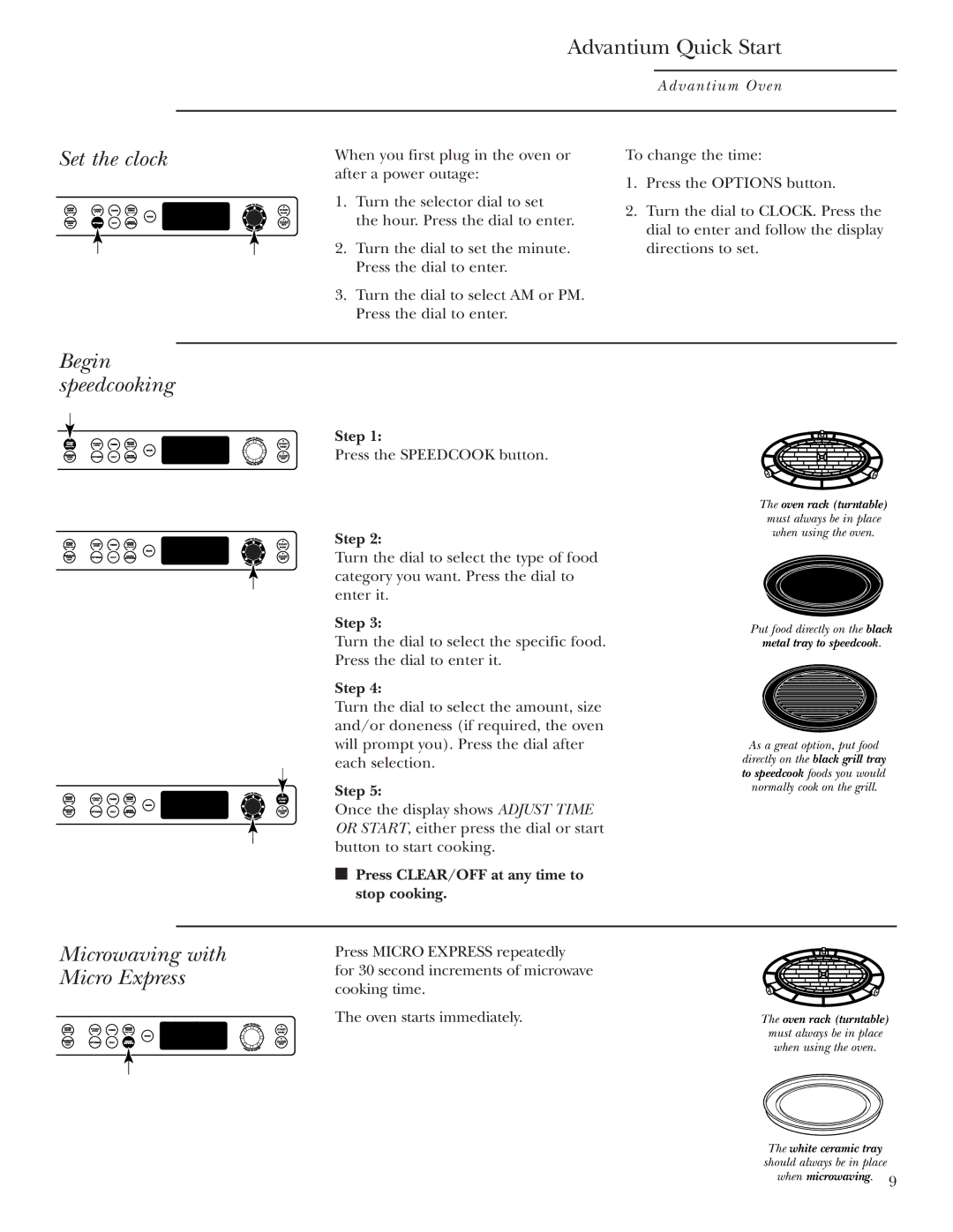 Anchor Hocking Glass ZSC2000 Advantium Quick Start, Set the clock Begin speedcooking, Microwaving with Micro Express 