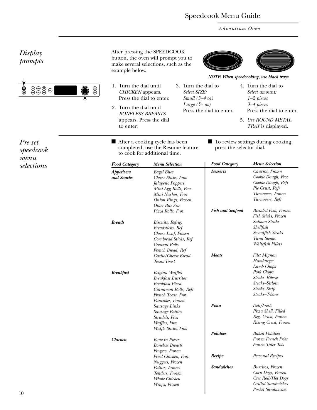 Anchor Hocking Glass ZSC2001 Display prompts, Speedcook Menu Guide, Pre-set speedcook menu selections, Advantium Oven 