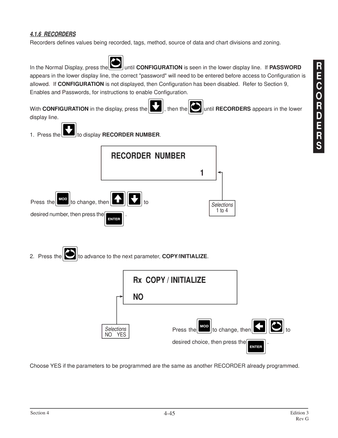 Anderson Manufacturing AV-9000 manual C O R D E R S, Rx Copy / Initialize, Recorder Number, Recorders, No YES 