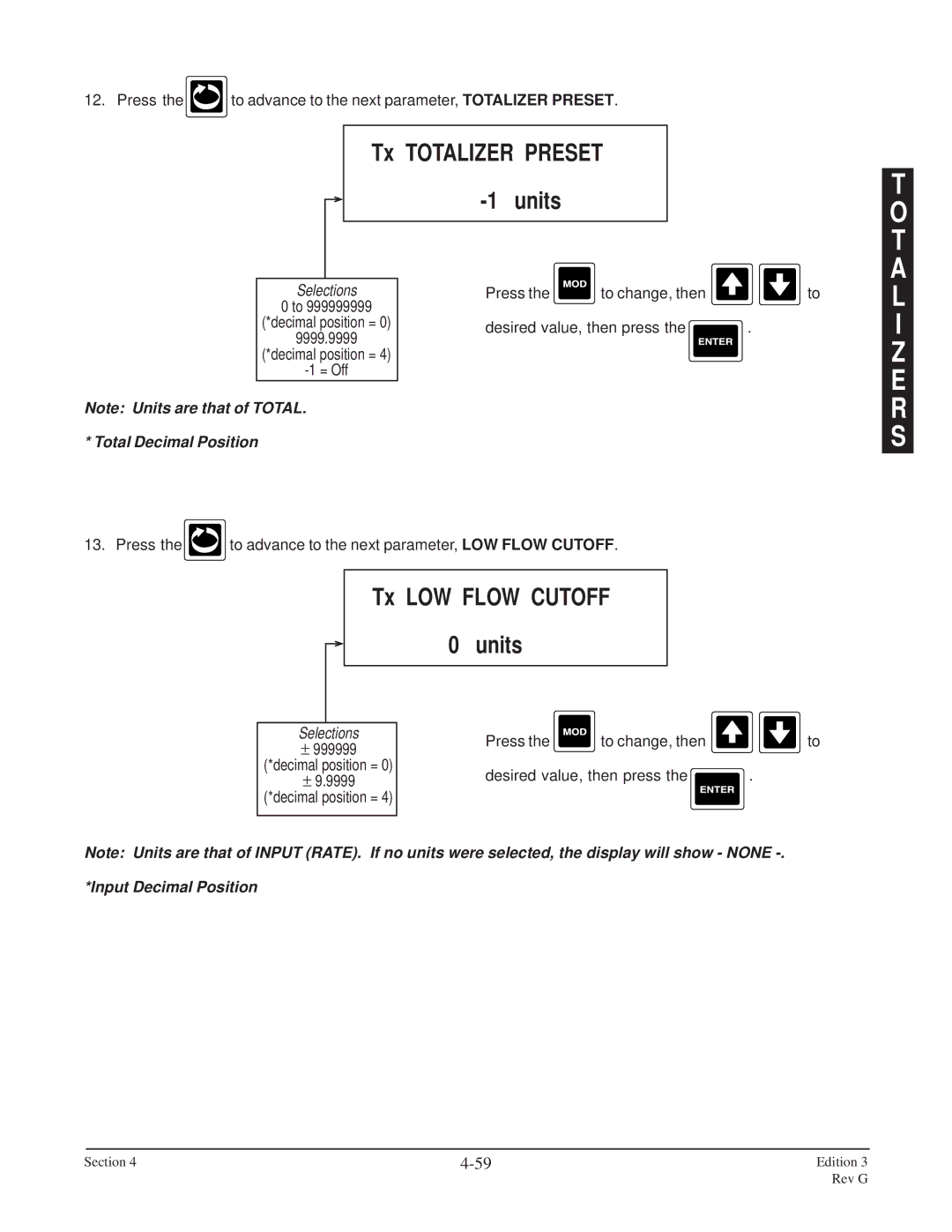 Anderson Manufacturing AV-9000 manual I Z E R S, Tx Totalizer Preset Units, Tx LOW Flow Cutoff Units 