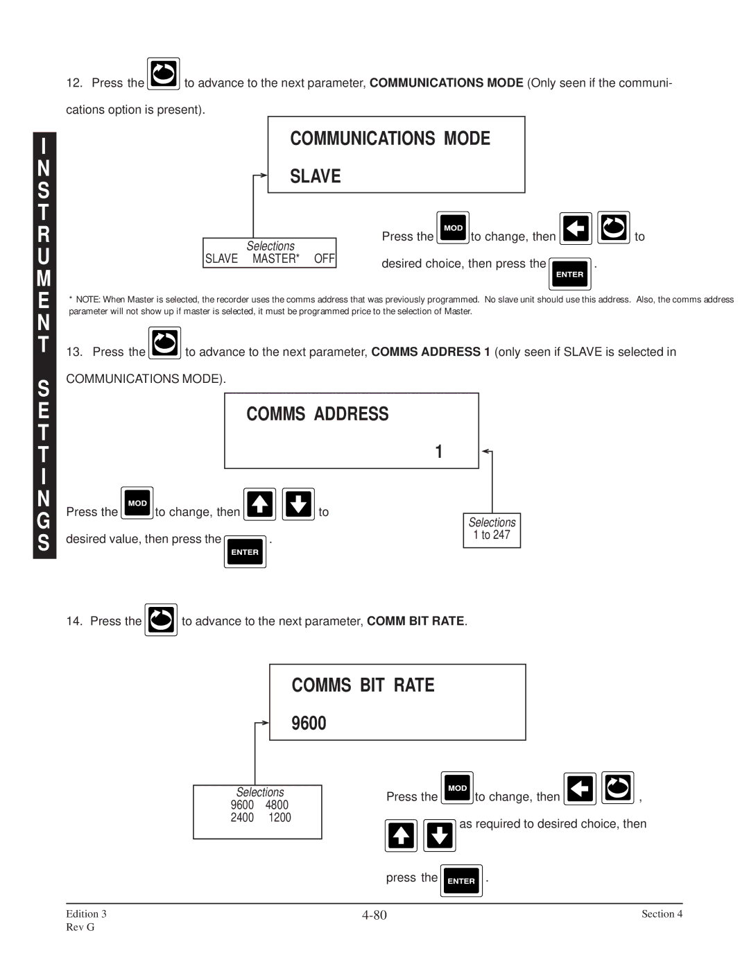 Anderson Manufacturing AV-9000 manual Slave, Comms BIT Rate, Communications Mode, Comms Address 