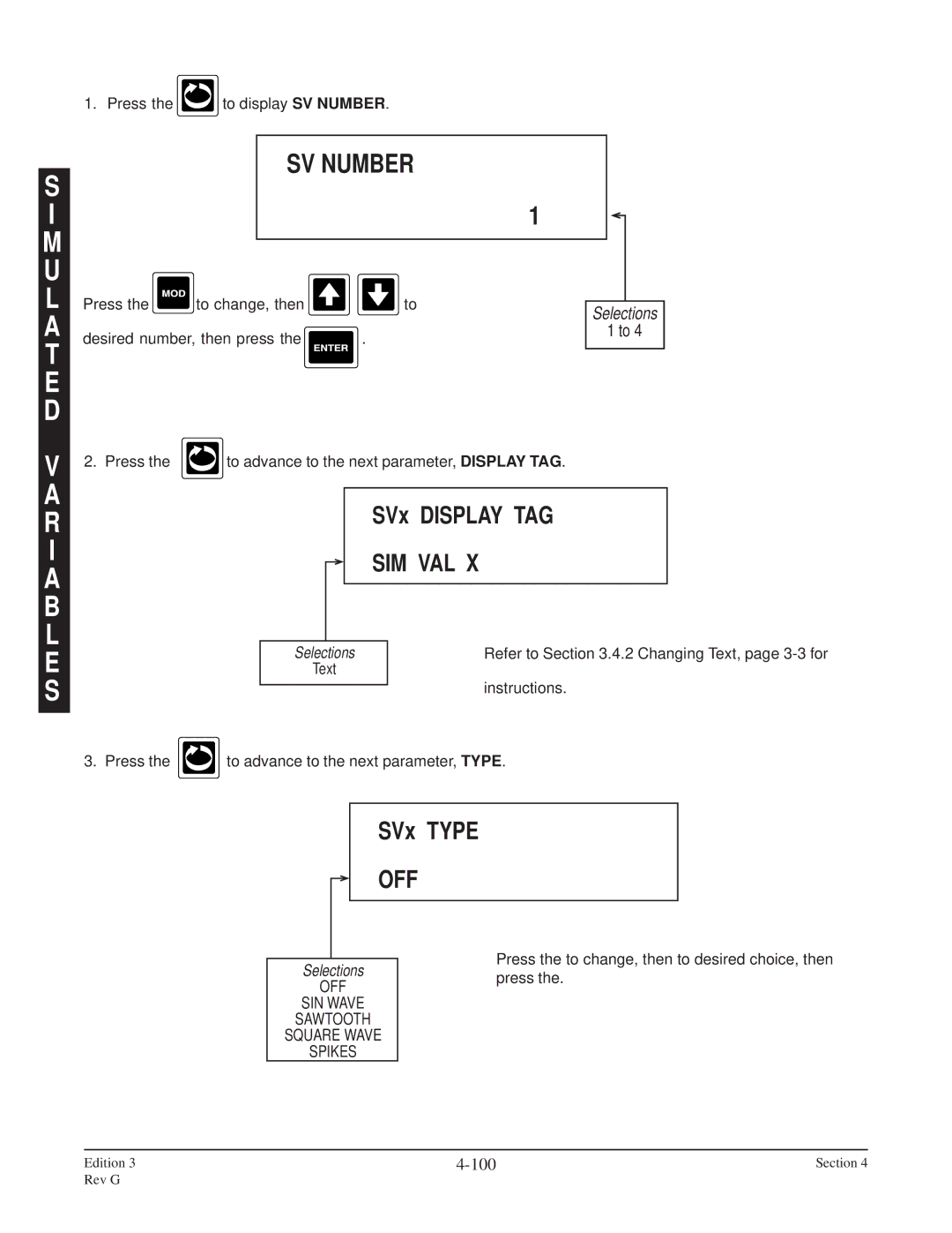 Anderson Manufacturing AV-9000 manual SVx Type, SVx Display TAG, Sim Val, 100, OFF SIN Wave Sawtooth Square Wave Spikes 