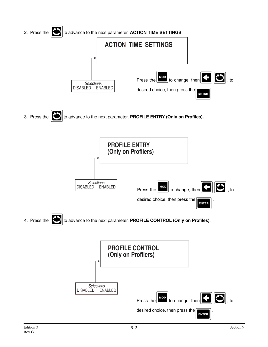 Anderson Manufacturing AV-9000 manual Action Time Settings, Disabled Enabled, Profile Entry Only on Profiles 