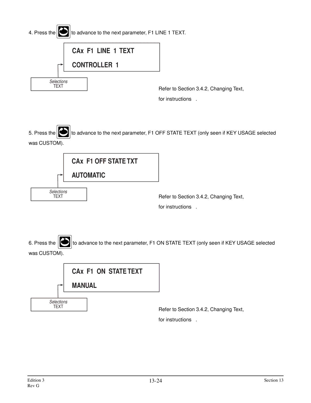 Anderson Manufacturing AV-9000 manual CAx F1 Line 1 Text, Controller, CAx F1 on State Text, Manual, 13-24 