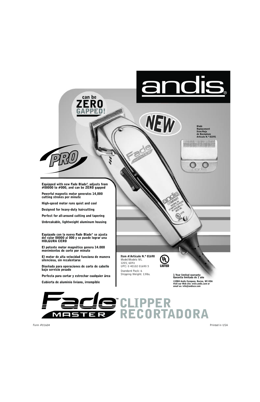 Andis Company 01690 manual Gapped, Holgura Cero, Item #/Artículo N.º 