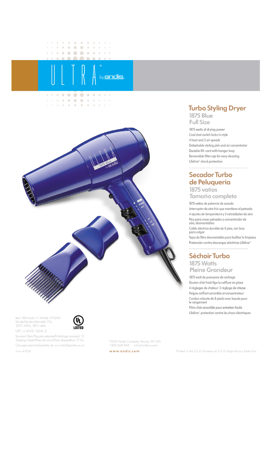 Andis Company 1875 Blue warranty Turbo Styling Dryer, Secador Turbo de Peluquería, Séchoir Turbo 