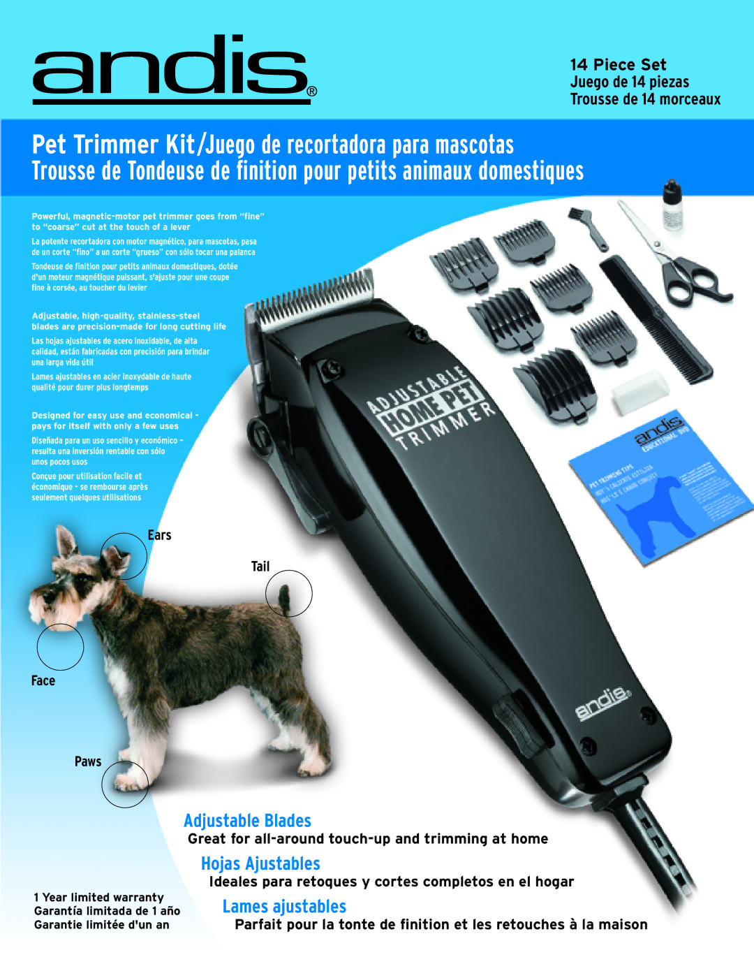 Andis Company 18960 warranty Pet Trimmer Kit/Juego de recortadora para mascotas, Adjustable Blades, Hojas Ajustables 