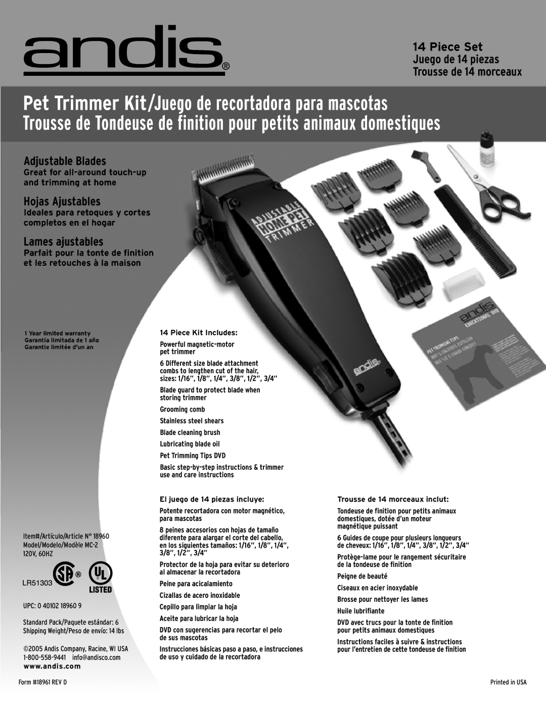 Andis Company 18960 warranty Pet Trimmer Kit/Juego de recortadora para mascotas, Adjustable Blades, Hojas Ajustables 