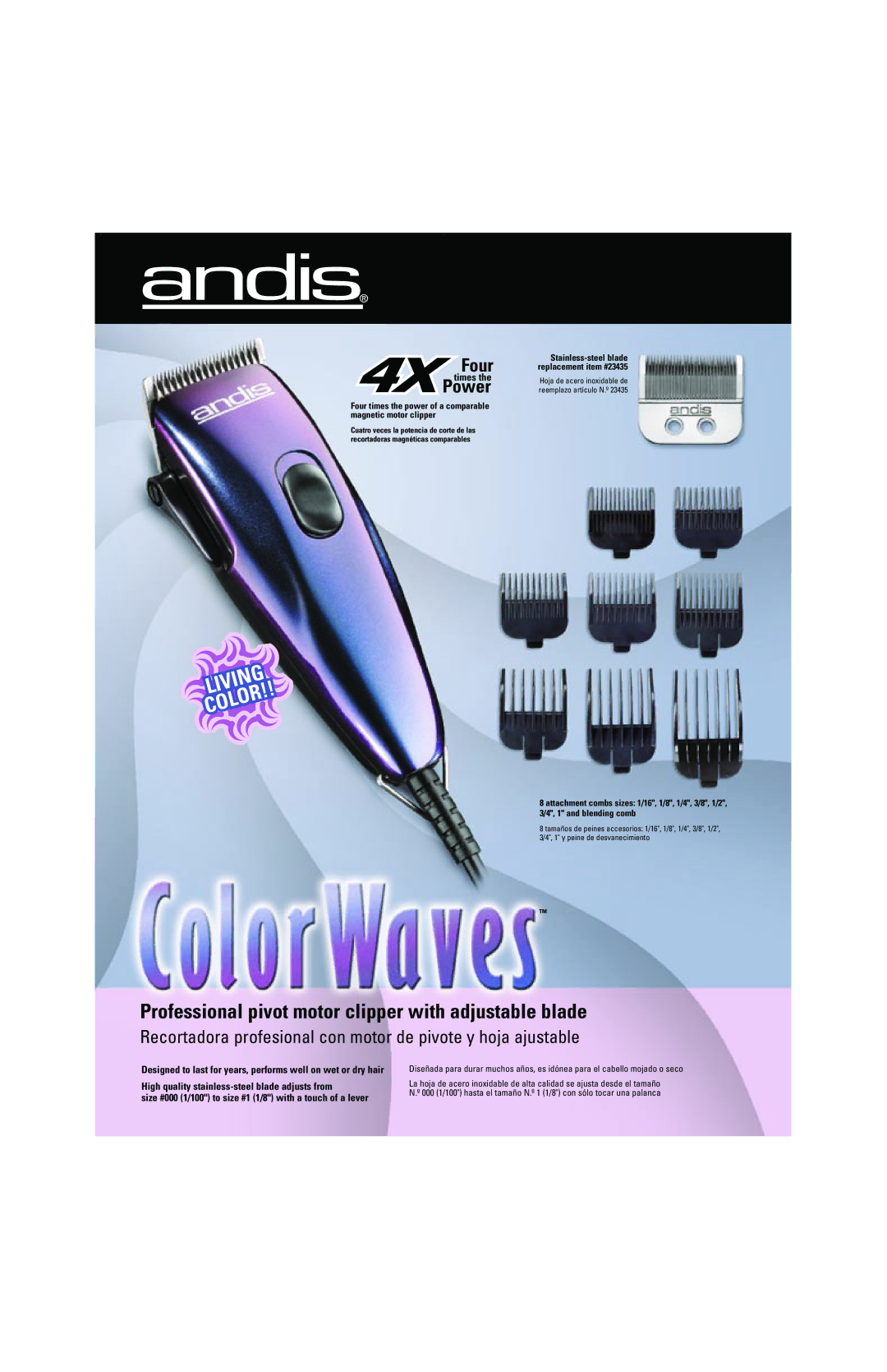 Andis Company 23755 manual Living Color, Professional pivot motor clipper with adjustable blade, Four, Power 