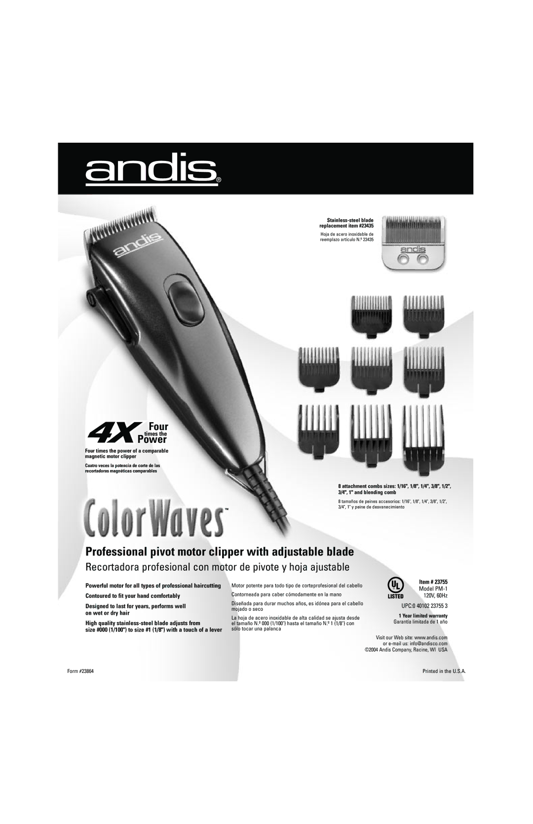 Andis Company 23755 manual Item #, Model PM-1, 120V, 60Hz 