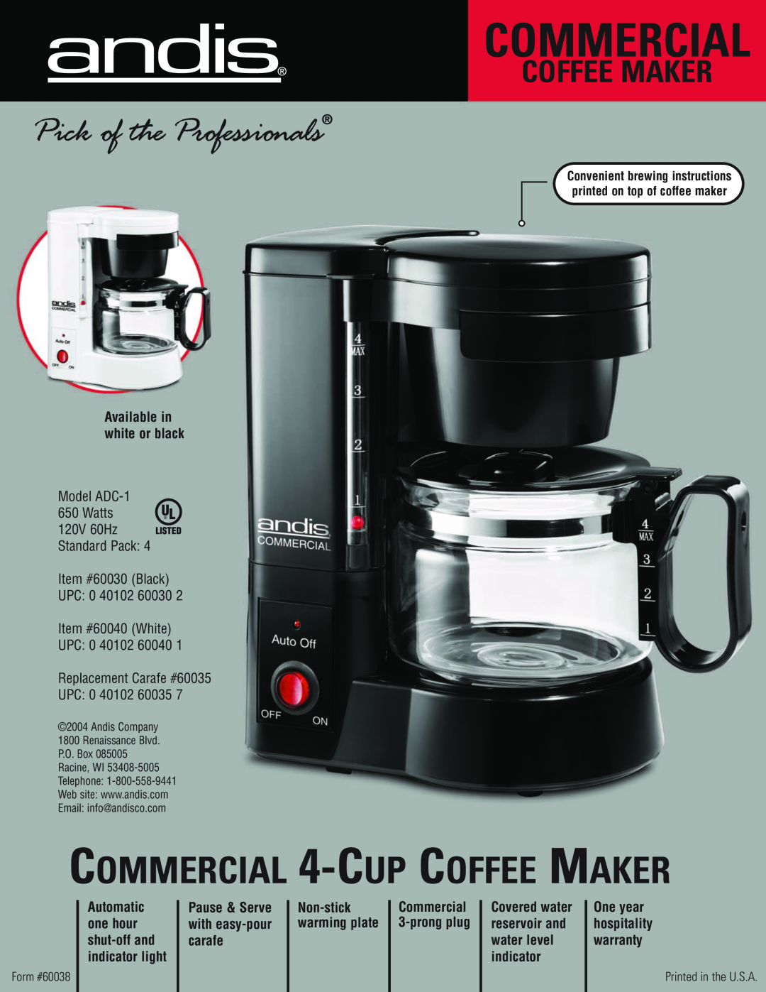 Andis Company 60030 warranty Commercial, COMMERCIAL 4-CUP COFFEE MAKER, Coffee Maker, UPC 0 40102, Model ADC-1 650 Watts 