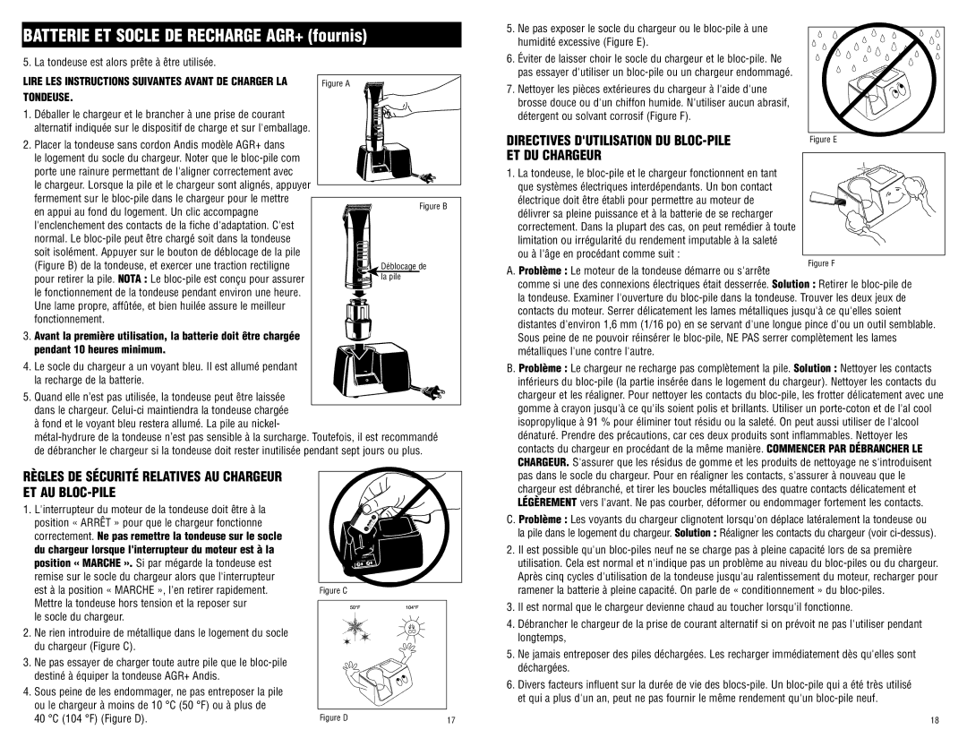 Andis Company 65340 manual Batterie ET Socle DE Recharge AGR+ fournis, Directives Dutilisation DU BLOC-PILE ET DU Chargeur 