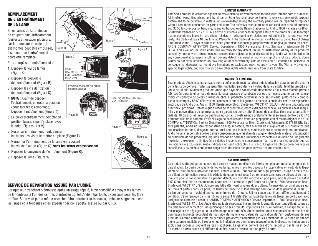 Andis Company 65340 manual Remplacement, Service DE Réparation Assuré PAR Lusine, DE Lentraînement DE LA Lame 