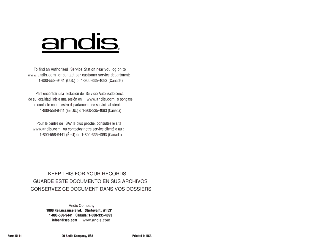 Andis Company 65340 manual Andis Company, Renaissance Blvd. Sturtevant, WI Canada 