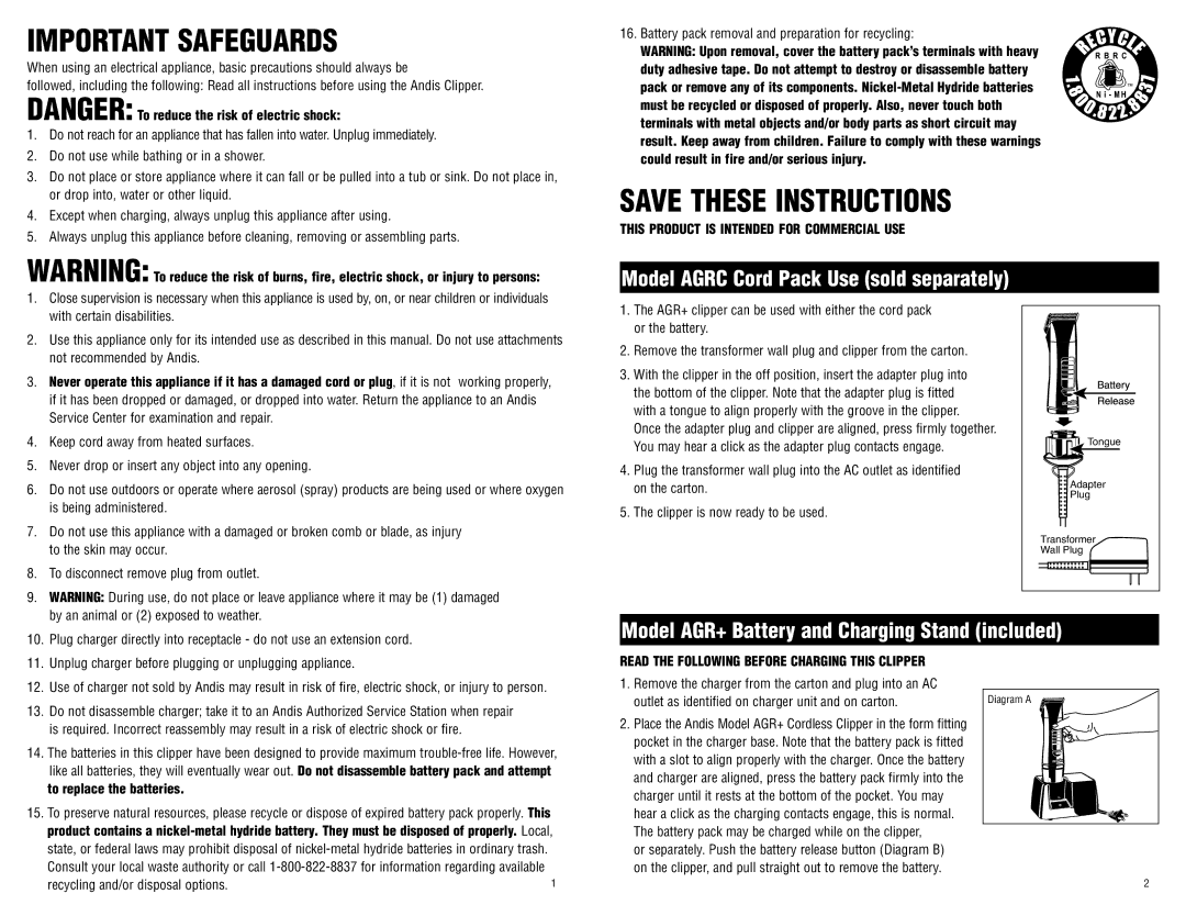 Andis Company 65340 manual Model AGR+ Battery and Charging Stand included, This Product Is Intended For Commercial Use 