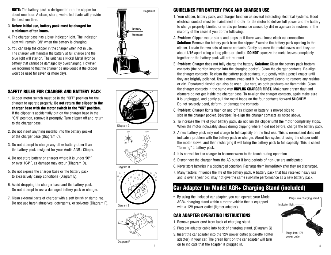 Andis Company 65340 manual Guidelines for Battery Pack and Charger USE, Car adapter operating instructions 