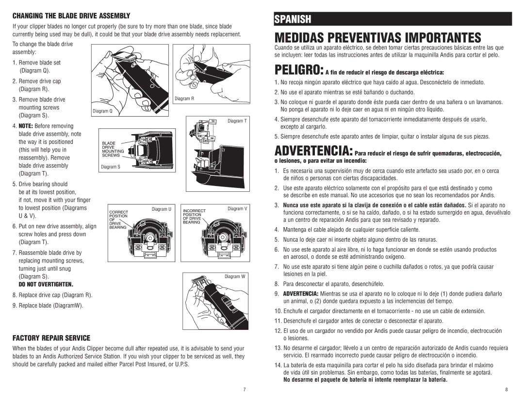 Andis Company 65340 manual Changing the blade Drive assembly, Factory repair service, Do not overtighten 