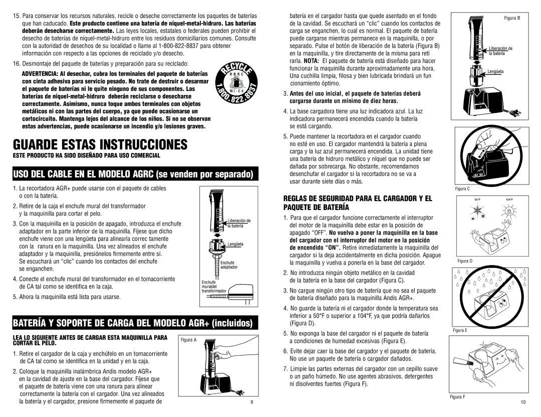 Andis Company 65340 manual Guarde Estas Instrucciones, Batería y soporte de carga del modelo AGR+ incluidos 