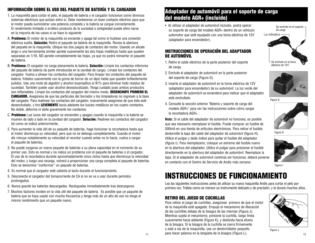 Andis Company 65340 manual Instrucciones de operación del adaptador de automóvil, Retiro DEL Juego DE Cuchillas 
