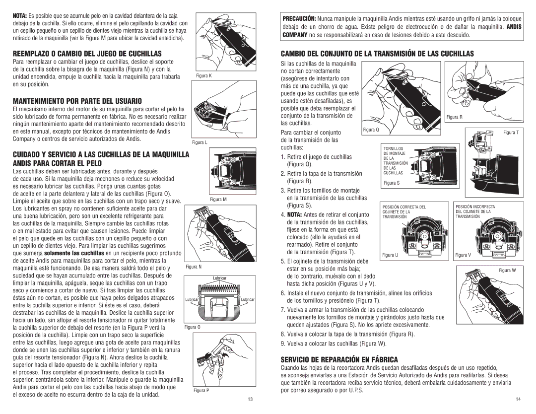 Andis Company 65340 manual Reemplazo O Cambio DEL Juego DE Cuchillas, Mantenimiento POR Parte DEL Usuario 