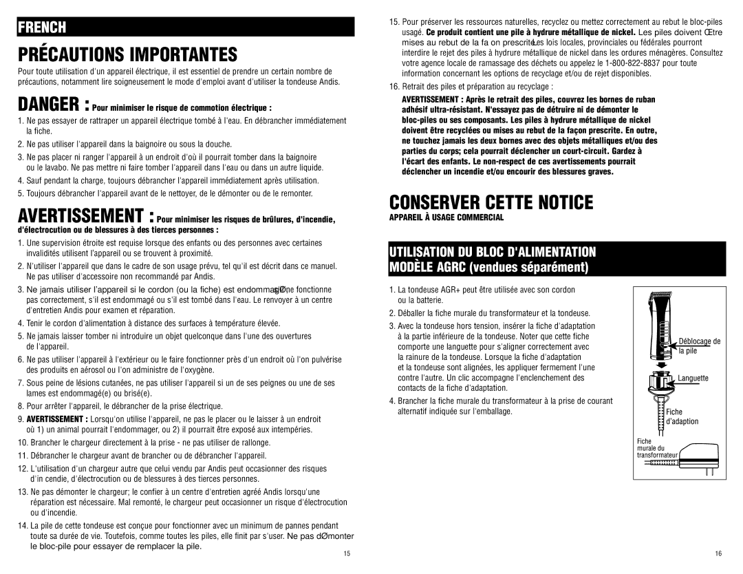 Andis Company 65340 manual Précautions Importantes, Conserver Cette Notice, Retrait des piles et préparation au recyclage 