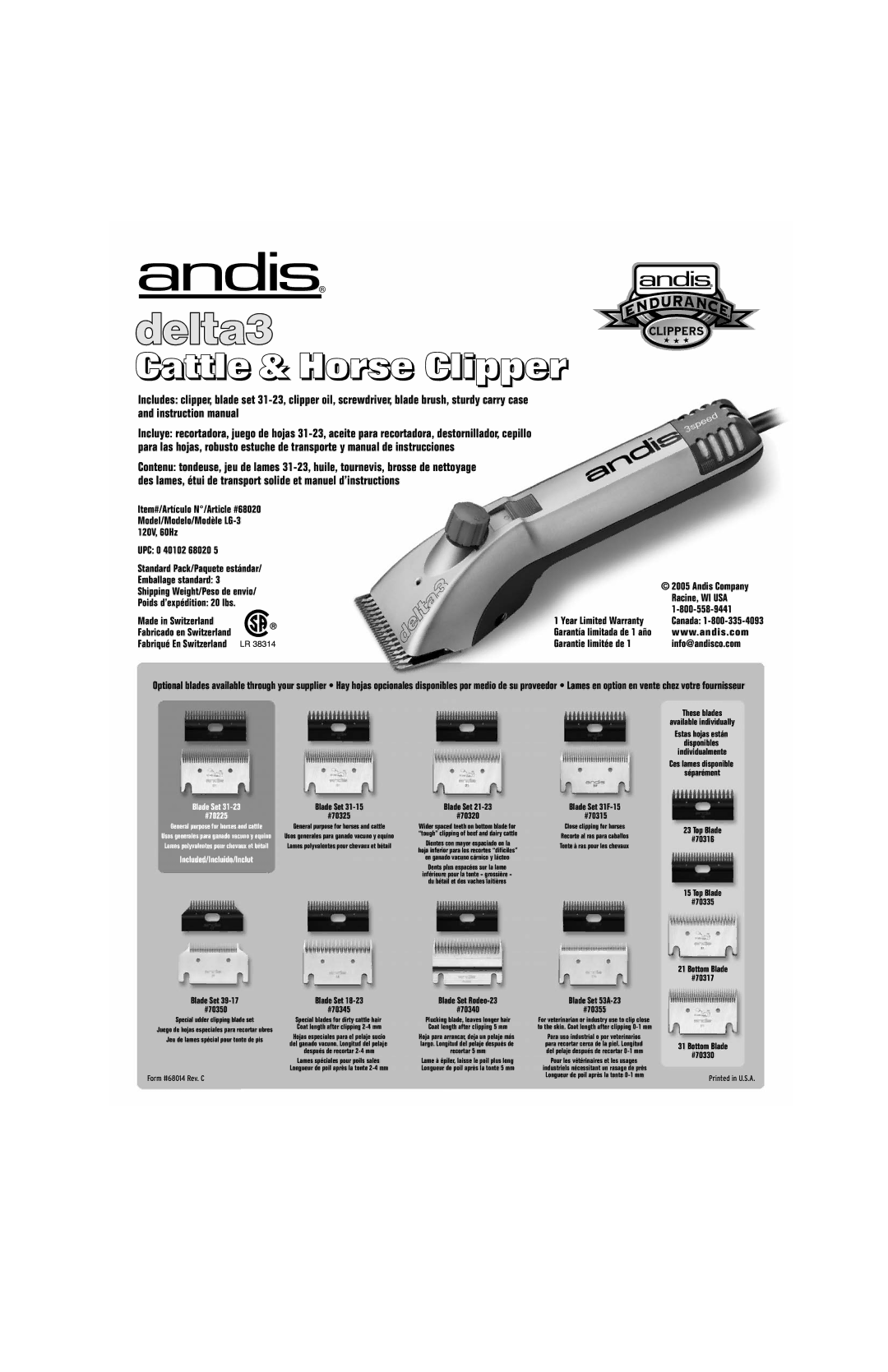 Andis Company manual UPC 0 40102 68020, Racine, WI USA, Garantie limitée de Info@andisco.com 