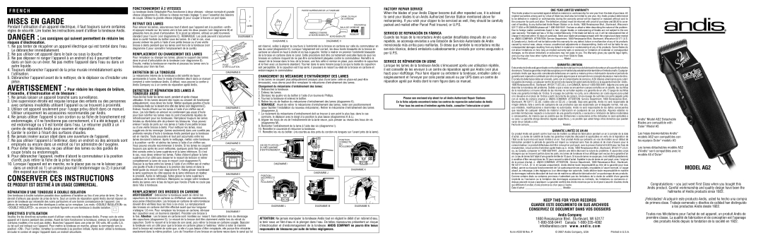 Andis Company A5 warranty Le débrancher immédiatement, Ne pas utiliser cet appareil dans le bain ou sous la douche, Pièce 