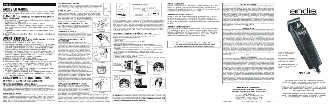 Andis Company A5 manual Pro-Pet Clipper Kit/Juego de Recortadora, Ensemble Tondeuse, Ears, Tail, Body Face Legs Pads 