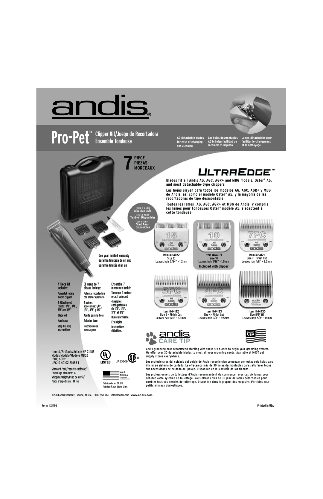 Andis Company A5 manual Care Tip, Piece kit, El juego de, includes 
