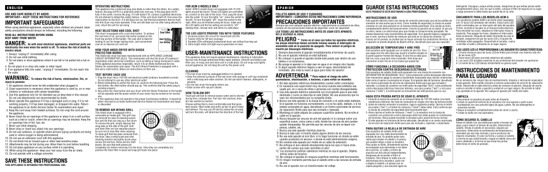 Andis Company ACM-5, ACM-4 Operating Instructions, IMPORTANT-KEEP These Instructions for Reference, Instrucciones DE USO 