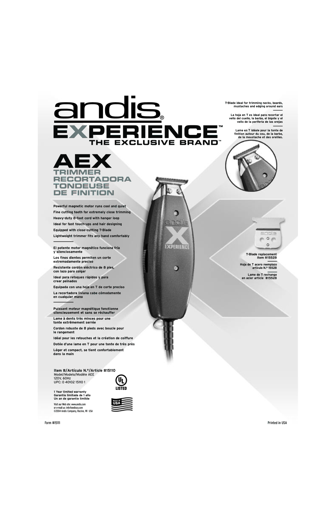 Andis Company AEE 120V manual Experience, Exclusive Brand, Trimmer Recortadora Tondeuse DE Finition 